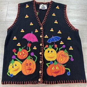 Vtg Tiara International Halloween XL Sweater Vest Pumpkin Candy Corn Embroidered